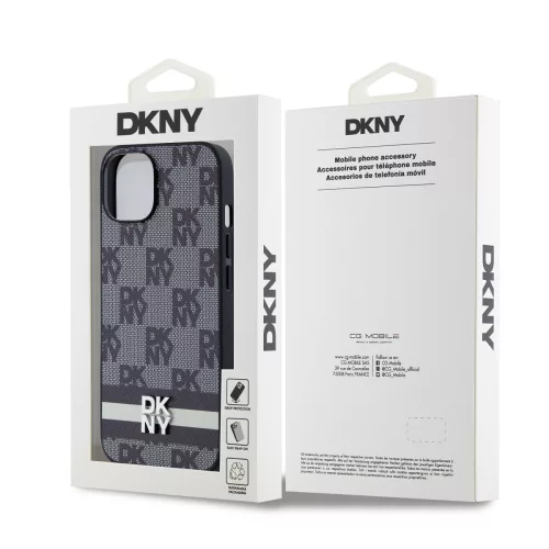 DKNY PU Leather Checkered Pattern and Stripe tok, iPhone 14 - fekete