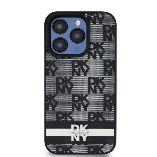 DKNY PU Leather Checkered Pattern and Stripe tok, iPhone 14 Pro - fekete