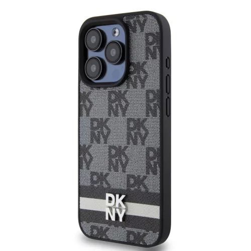 DKNY PU Leather Checkered Pattern and Stripe tok, iPhone 14 Pro - fekete