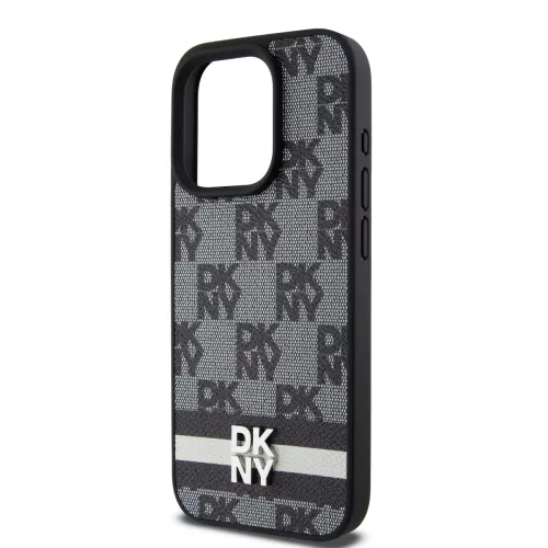 DKNY PU Leather Checkered Pattern and Stripe tok, iPhone 14 Pro Max - fekete
