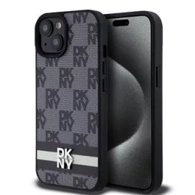   DKNY PU Leather Checkered Pattern and Stripe tok, iPhone 15 - fekete