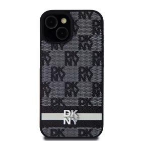   DKNY PU Leather Checkered Pattern and Stripe tok, iPhone 15 - fekete