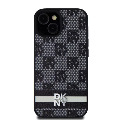 DKNY PU Leather Checkered Pattern and Stripe tok, iPhone 15 - fekete