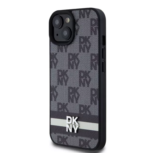 DKNY PU Leather Checkered Pattern and Stripe tok, iPhone 15 - fekete