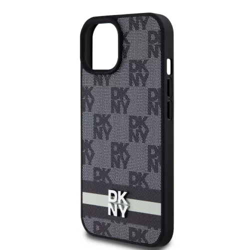 DKNY PU Leather Checkered Pattern and Stripe tok, iPhone 15 - fekete