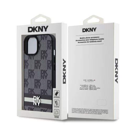 DKNY PU Leather Checkered Pattern and Stripe tok, iPhone 15 - fekete