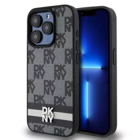   DKNY PU Leather Checkered Pattern and Stripe tok, iPhone 15 Pro - fekete
