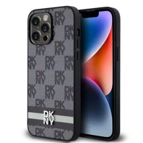   DKNY PU Leather Checkered Pattern and Stripe tok, iPhone 15 Pro Max - fekete