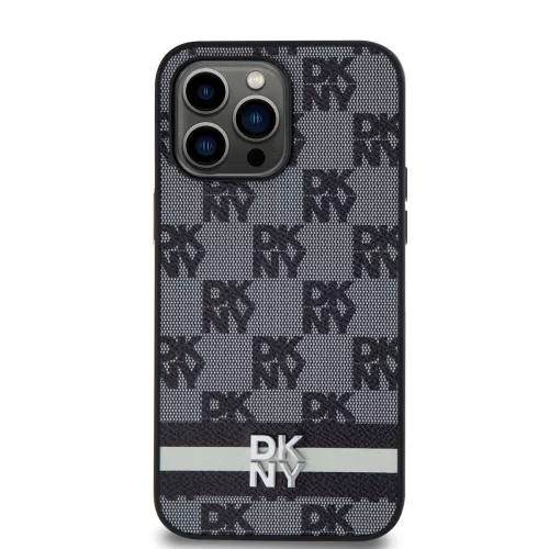 DKNY PU Leather Checkered Pattern and Stripe tok, iPhone 15 Pro Max - fekete