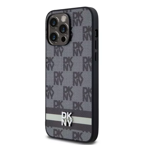 DKNY PU Leather Checkered Pattern and Stripe tok, iPhone 15 Pro Max - fekete
