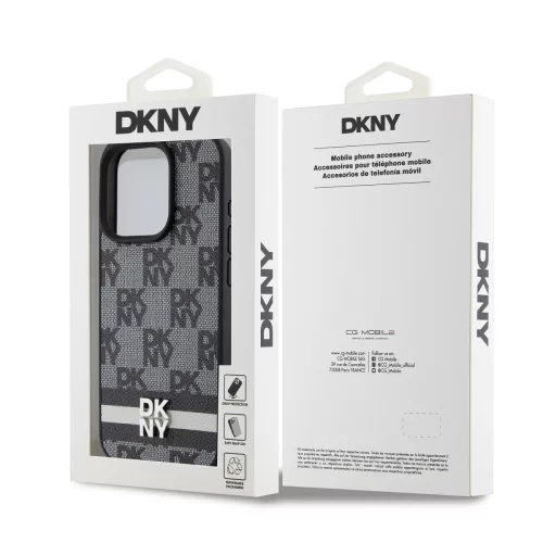 DKNY PU Leather Checkered Pattern and Stripe tok, iPhone 15 Pro Max - fekete
