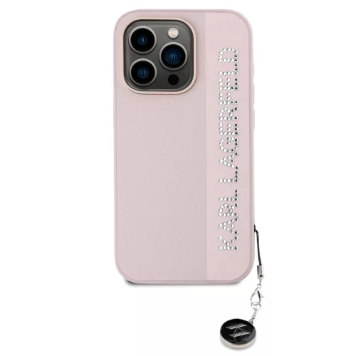 Karl Lagerfeld PU Saffiano Rhinestone Charm tok, iPhone 15 Pro Max - rózsaszín
