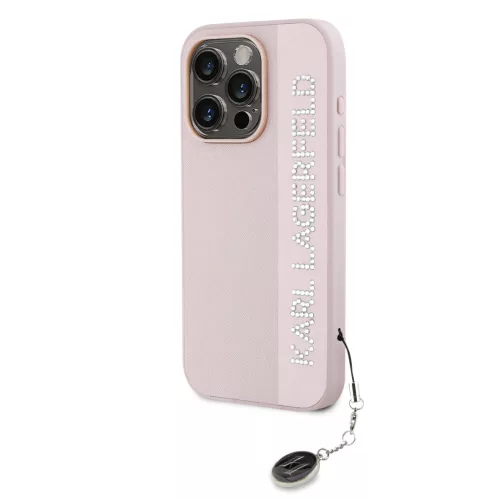 Karl Lagerfeld PU Saffiano Rhinestone Charm tok, iPhone 15 Pro Max - rózsaszín