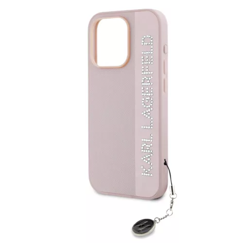 Karl Lagerfeld PU Saffiano Rhinestone Charm tok, iPhone 15 Pro Max - rózsaszín