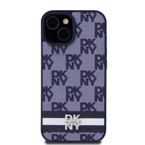 DKNY PU Leather Checkered Pattern and Stripe tok, iPhone 15 - kék
