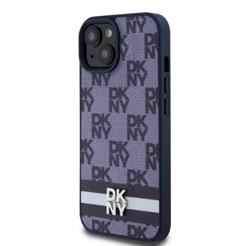 DKNY PU Leather Checkered Pattern and Stripe tok, iPhone 15 - kék