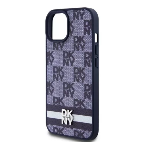 DKNY PU Leather Checkered Pattern and Stripe tok, iPhone 15 - kék
