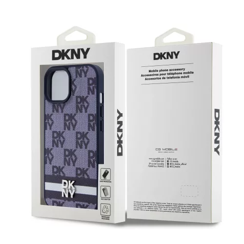 DKNY PU Leather Checkered Pattern and Stripe tok, iPhone 15 - kék