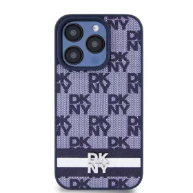   DKNY PU Leather Checkered Pattern and Stripe tok, iPhone 15 Pro - kék