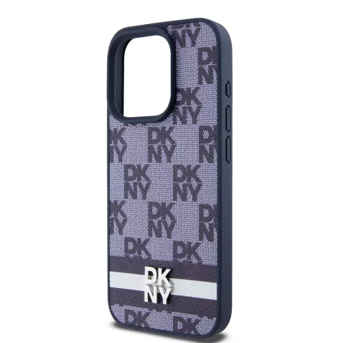 DKNY PU Leather Checkered Pattern and Stripe tok, iPhone 15 Pro - kék