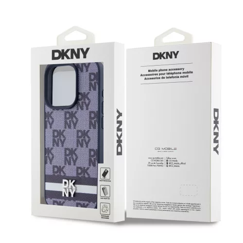 DKNY PU Leather Checkered Pattern and Stripe tok, iPhone 15 Pro - kék
