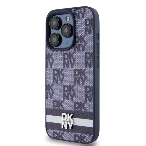 DKNY PU Leather Checkered Pattern and Stripe tok, iPhone 15 Pro Max - kék