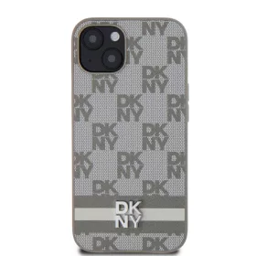   DKNY PU Leather Checkered Pattern and Stripe tok, iPhone 13 - bézs