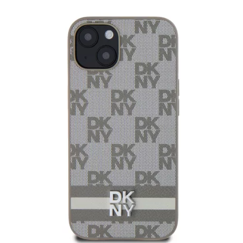 DKNY PU Leather Checkered Pattern and Stripe tok, iPhone 13 - bézs