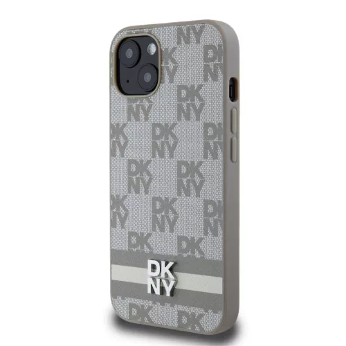 DKNY PU Leather Checkered Pattern and Stripe tok, iPhone 13 - bézs