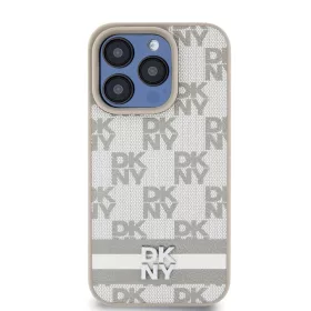   DKNY PU Leather Checkered Pattern and Stripe tok, iPhone 13 Pro - bézs