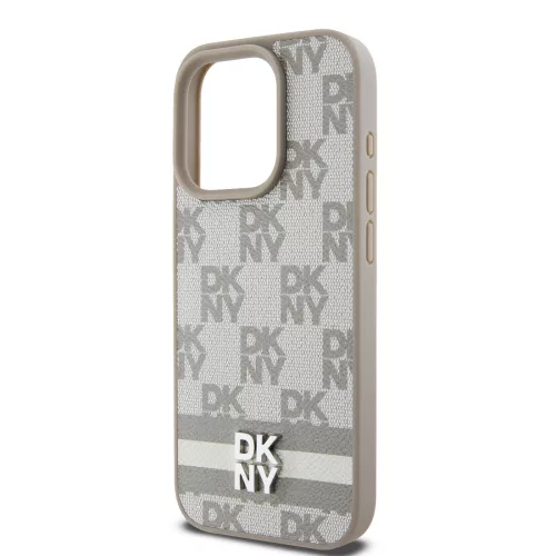 DKNY PU Leather Checkered Pattern and Stripe tok, iPhone 13 Pro - bézs