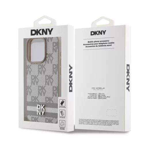 DKNY PU Leather Checkered Pattern and Stripe tok, iPhone 13 Pro - bézs