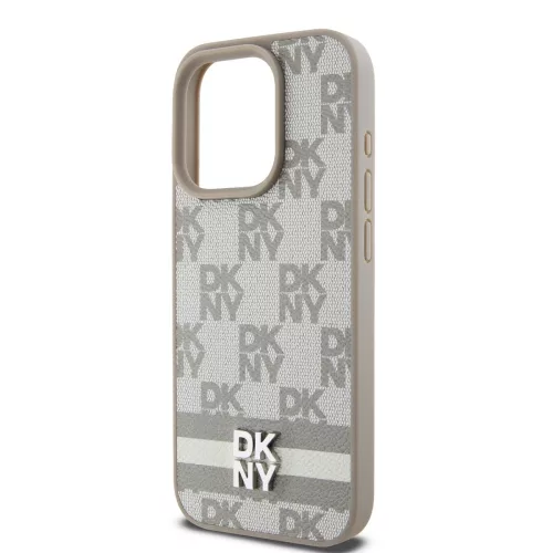 DKNY PU Leather Checkered Pattern and Stripe tok, iPhone 13 Pro Max - bézs