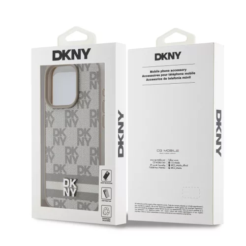 DKNY PU Leather Checkered Pattern and Stripe tok, iPhone 13 Pro Max - bézs