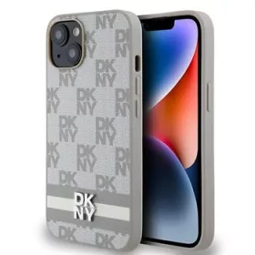   DKNY PU Leather Checkered Pattern and Stripe tok, iPhone 14 - bézs