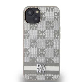   DKNY PU Leather Checkered Pattern and Stripe tok, iPhone 14 - bézs