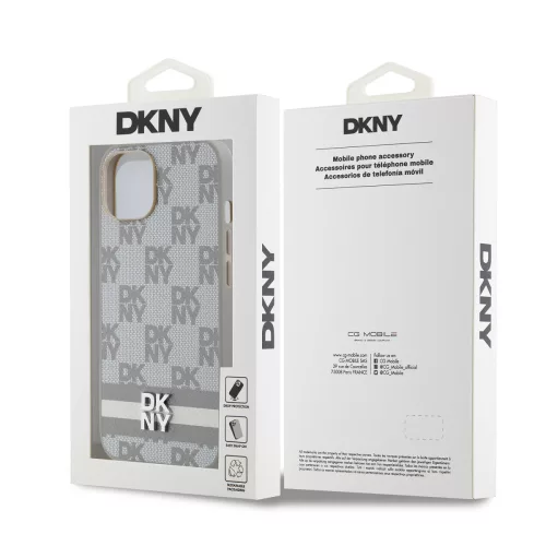DKNY PU Leather Checkered Pattern and Stripe tok, iPhone 14 - bézs