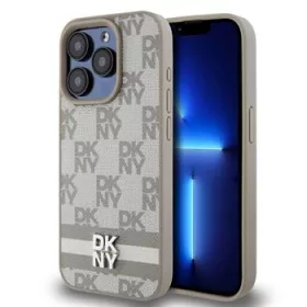   DKNY PU Leather Checkered Pattern and Stripe tok, iPhone 14 Pro - bézs