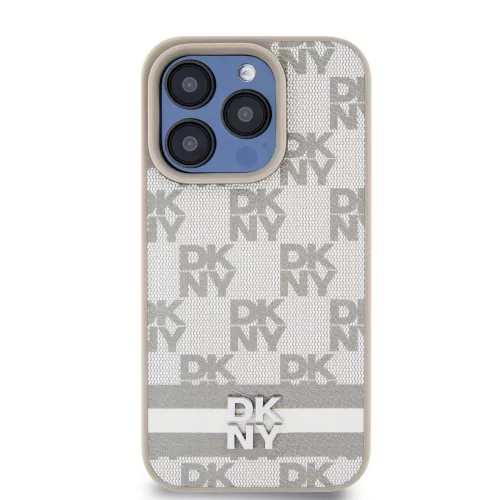 DKNY PU Leather Checkered Pattern and Stripe tok, iPhone 14 Pro Max - bézs