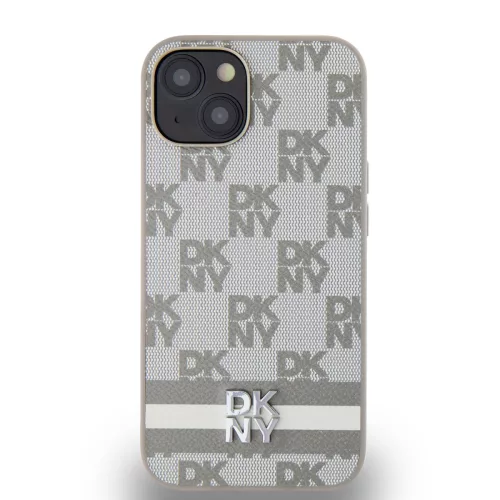 DKNY PU Leather Checkered Pattern and Stripe tok, iPhone 15 - bézs