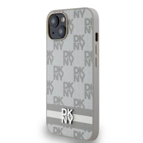 DKNY PU Leather Checkered Pattern and Stripe tok, iPhone 15 - bézs