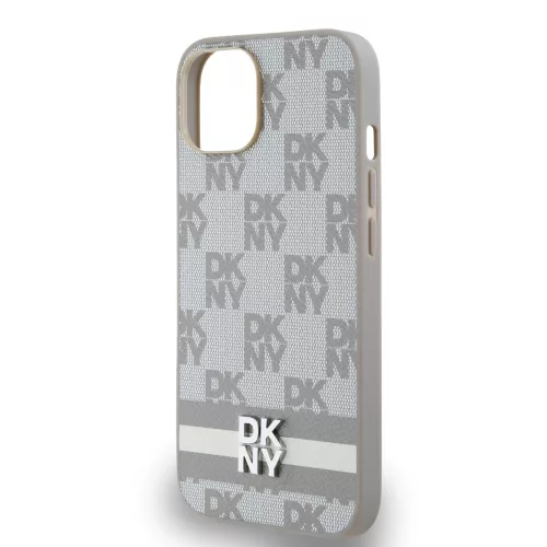 DKNY PU Leather Checkered Pattern and Stripe tok, iPhone 15 - bézs