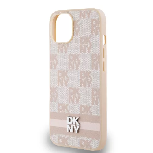 DKNY PU Leather Checkered Pattern and Stripe tok, iPhone 14 - rózsaszín