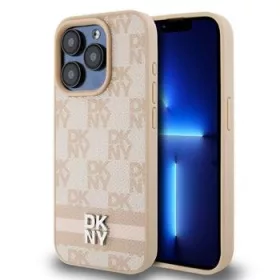   DKNY PU Leather Checkered Pattern and Stripe tok, iPhone 14 Pro - rózsaszín