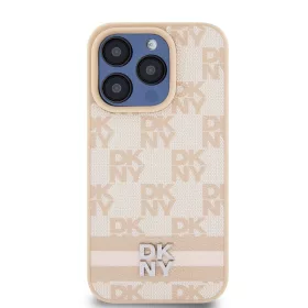   DKNY PU Leather Checkered Pattern and Stripe tok, iPhone 14 Pro - rózsaszín