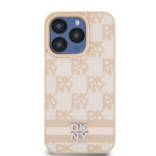 DKNY PU Leather Checkered Pattern and Stripe tok, iPhone 14 Pro Max - rózsaszín