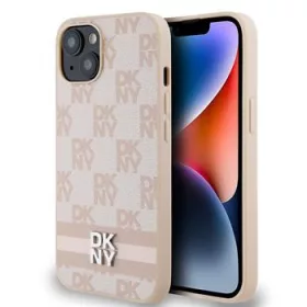   DKNY PU Leather Checkered Pattern and Stripe tok, iPhone 15 - rózsaszín