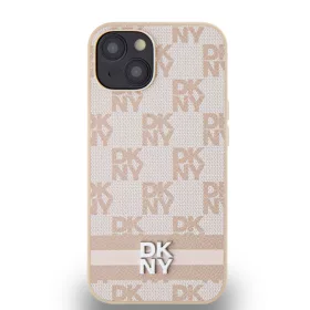   DKNY PU Leather Checkered Pattern and Stripe tok, iPhone 15 - rózsaszín