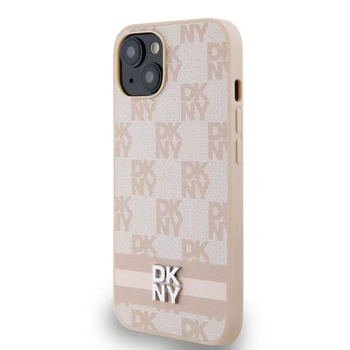 DKNY PU Leather Checkered Pattern and Stripe tok, iPhone 15 - rózsaszín