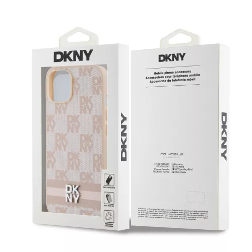 DKNY PU Leather Checkered Pattern and Stripe tok, iPhone 15 - rózsaszín